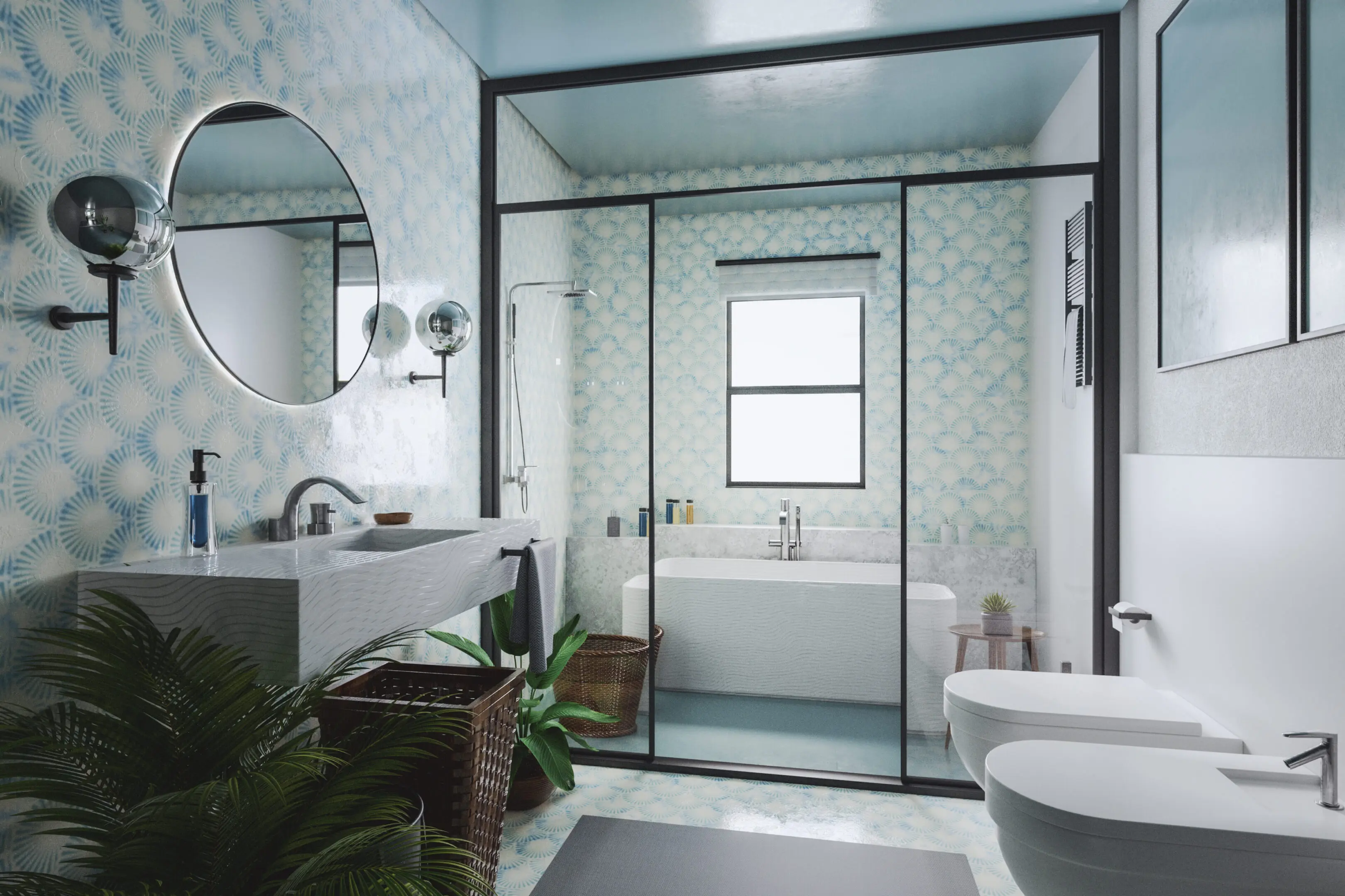 Bathroom renovation with walk-in shower and freestanding bathtub.