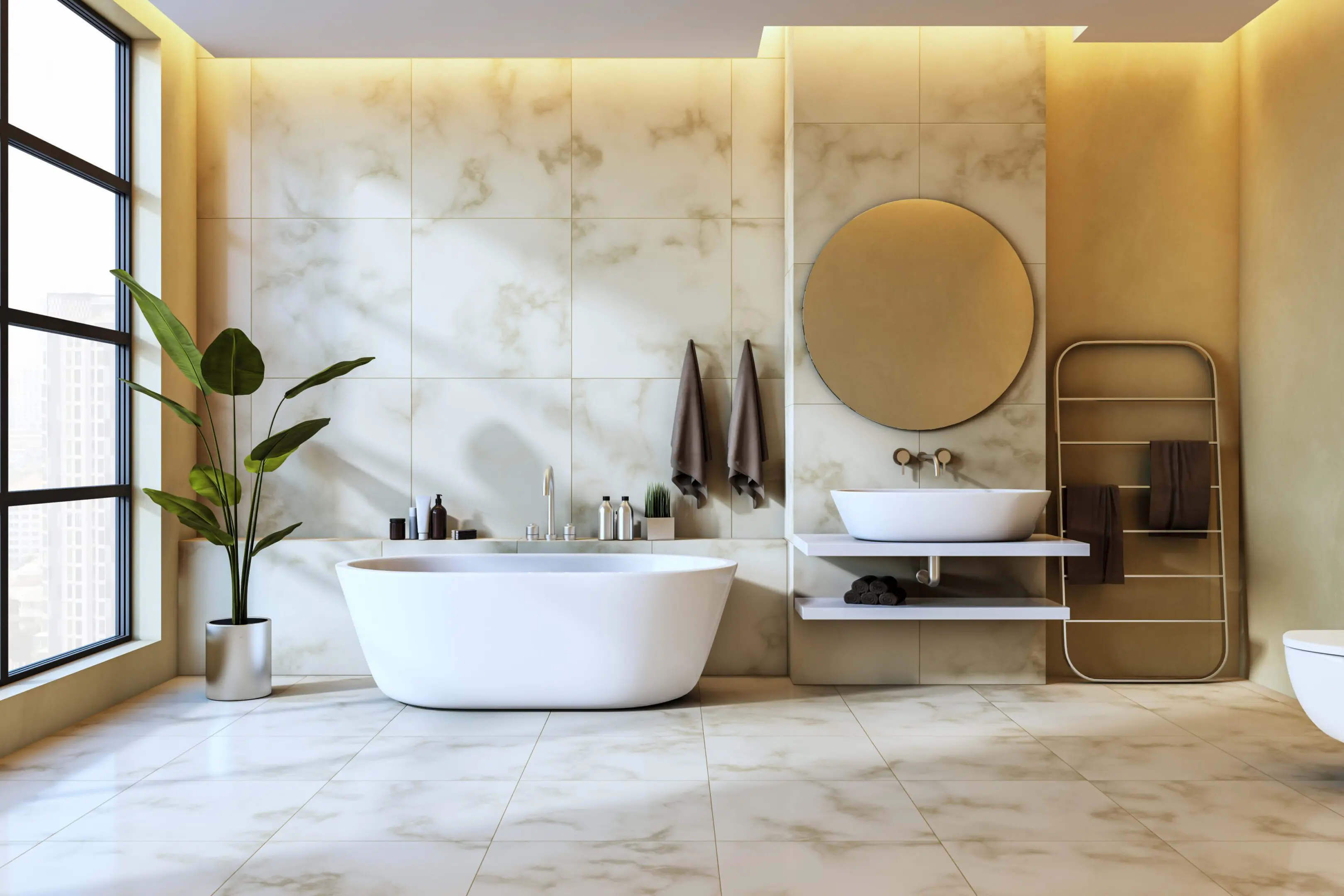 Bathroom with freestanding bathtub, modern vanity, and elegant decor.