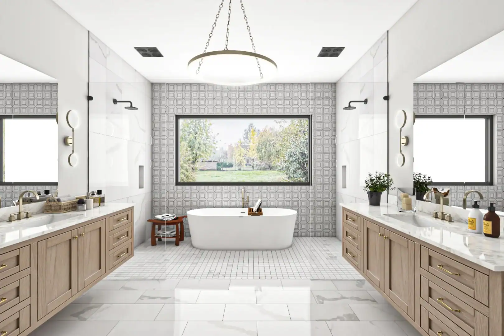 Elegant bathroom with double vanities, freestanding tub, and large window for natural light.