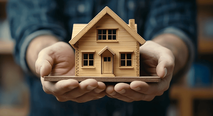 Detailed wooden house model held by person representing real estate and homeownership in Walnut Creek, CA.