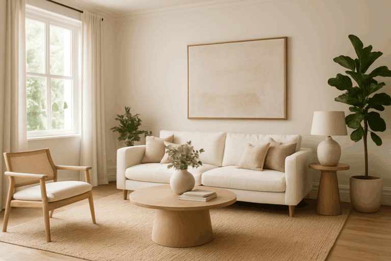 Sleek modern living room with neutral tones, natural light, and stylish decor in Walnut Creek, CA.
