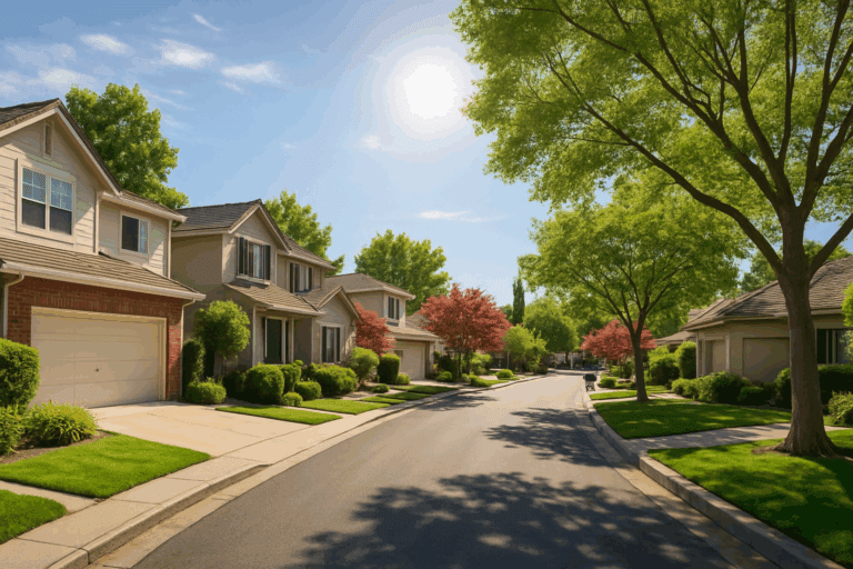 Lush green trees and well-maintained suburban houses on a sunny day in Walnut Creek, CA.
