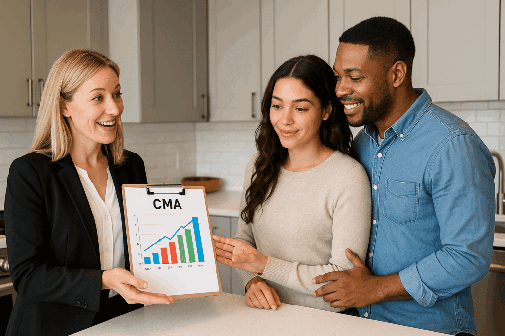 Friendly real estate agent explaining property trends to happy couple in a modern kitchen.