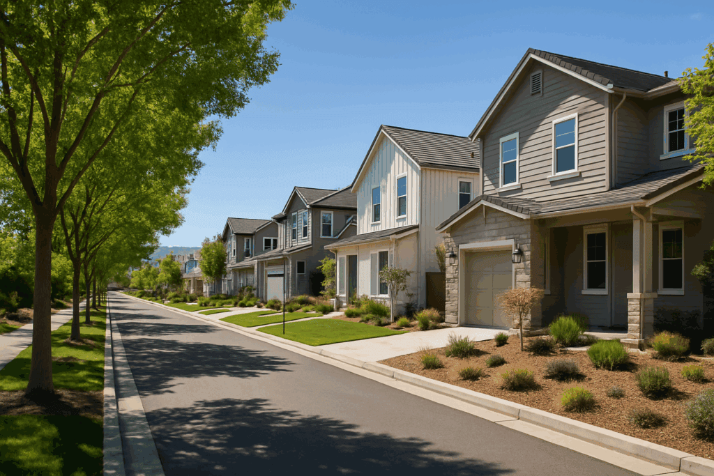 Modern suburban homes on a tree-lined street in Walnut Creek, CA.