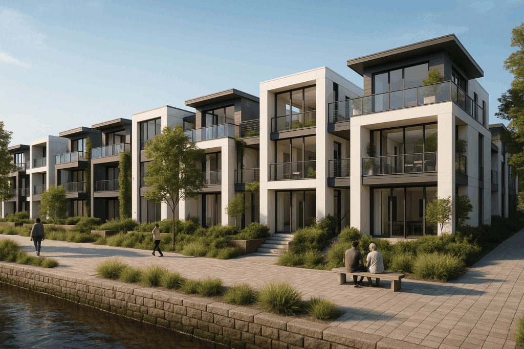 Modern waterfront apartment complex in Walnut Creek, CA with spacious balconies and lush landscaping.