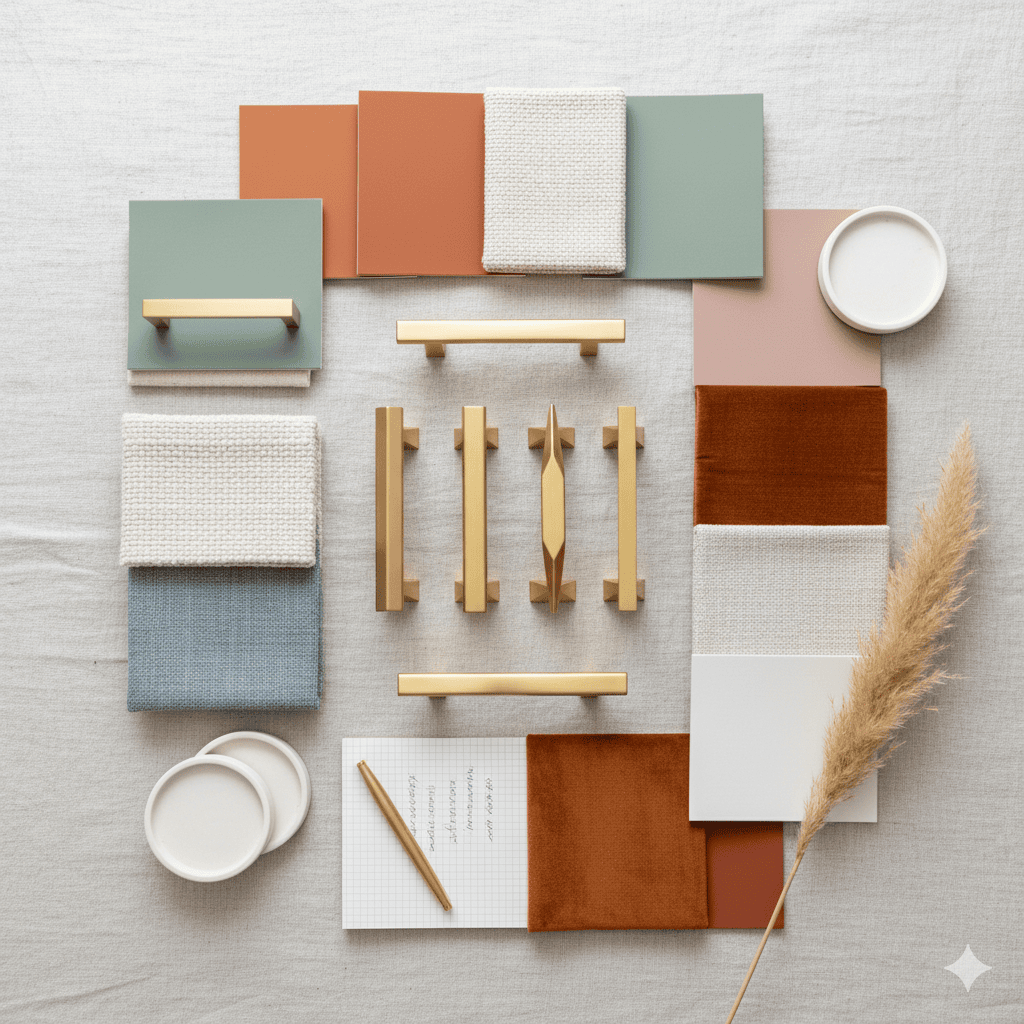 Muted color palette of textiles and accessories on neutral background, stylish home decor arrangement.