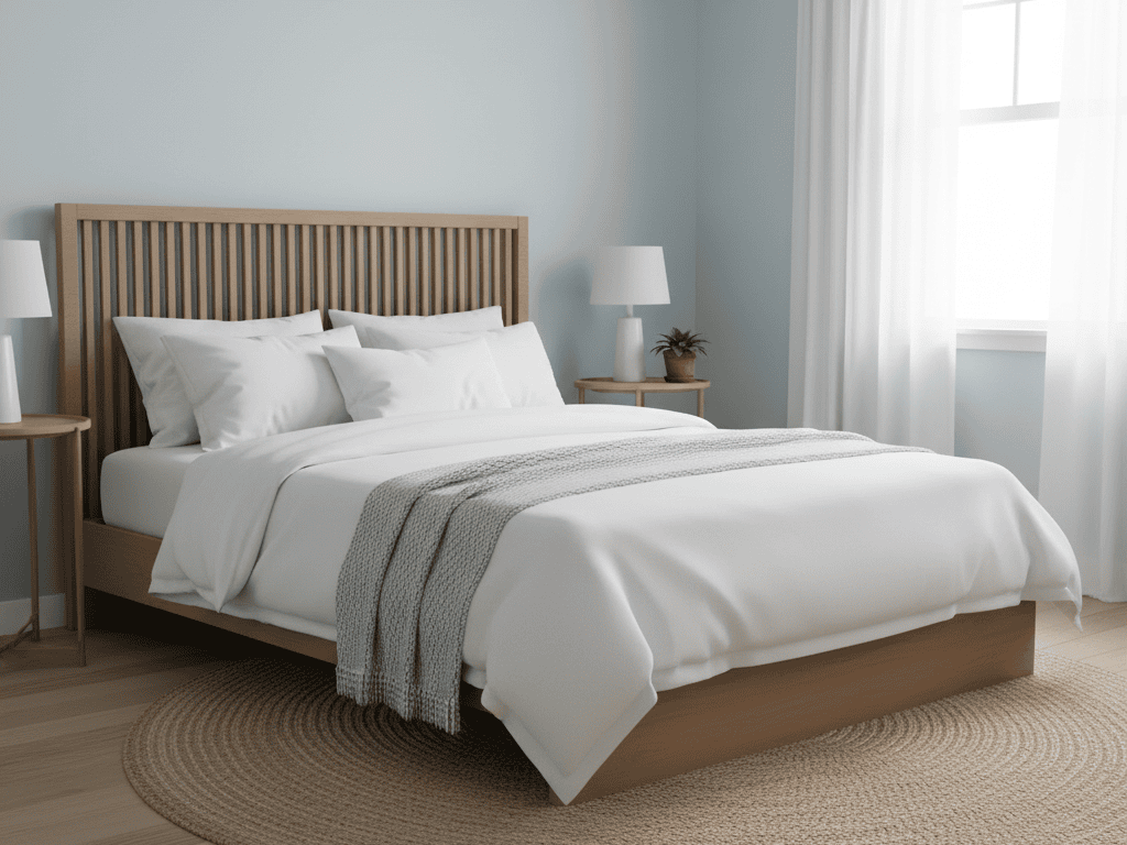 Modern bedroom with a clean, minimalist design and natural light.