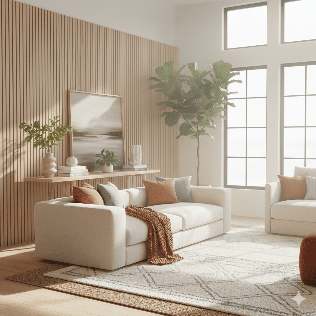 Modern living room with white sofas and large windows, stylish decor, and indoor plants in Walnut Creek, CA.