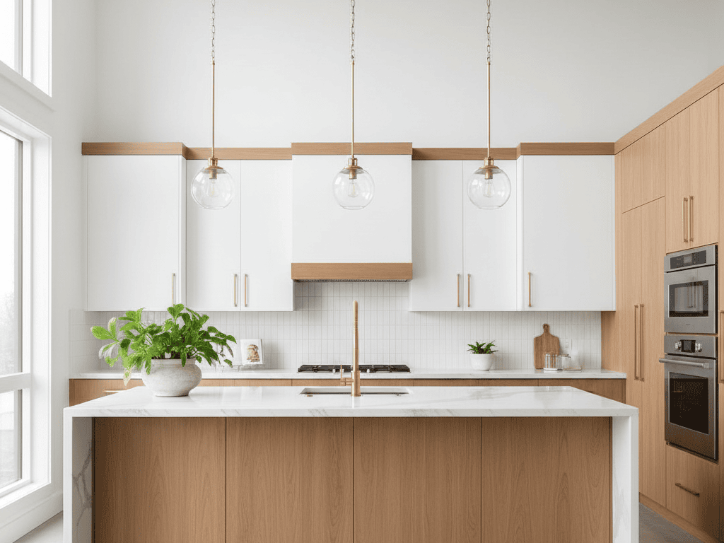 Bright modern kitchen with white and wood cabinetry, pendant lighting, and marble island, located in Walnut Creek, CA.