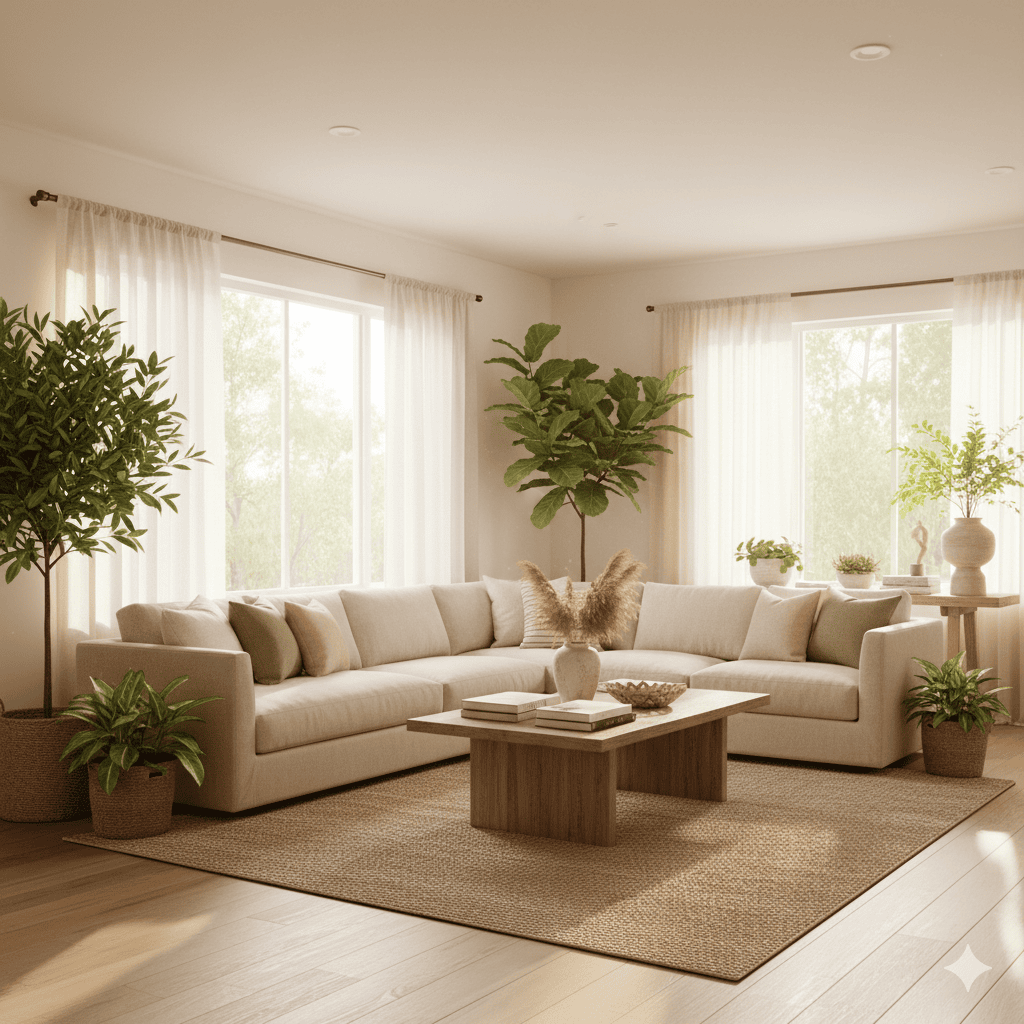 Modern living room with neutral tones and abundant natural light.