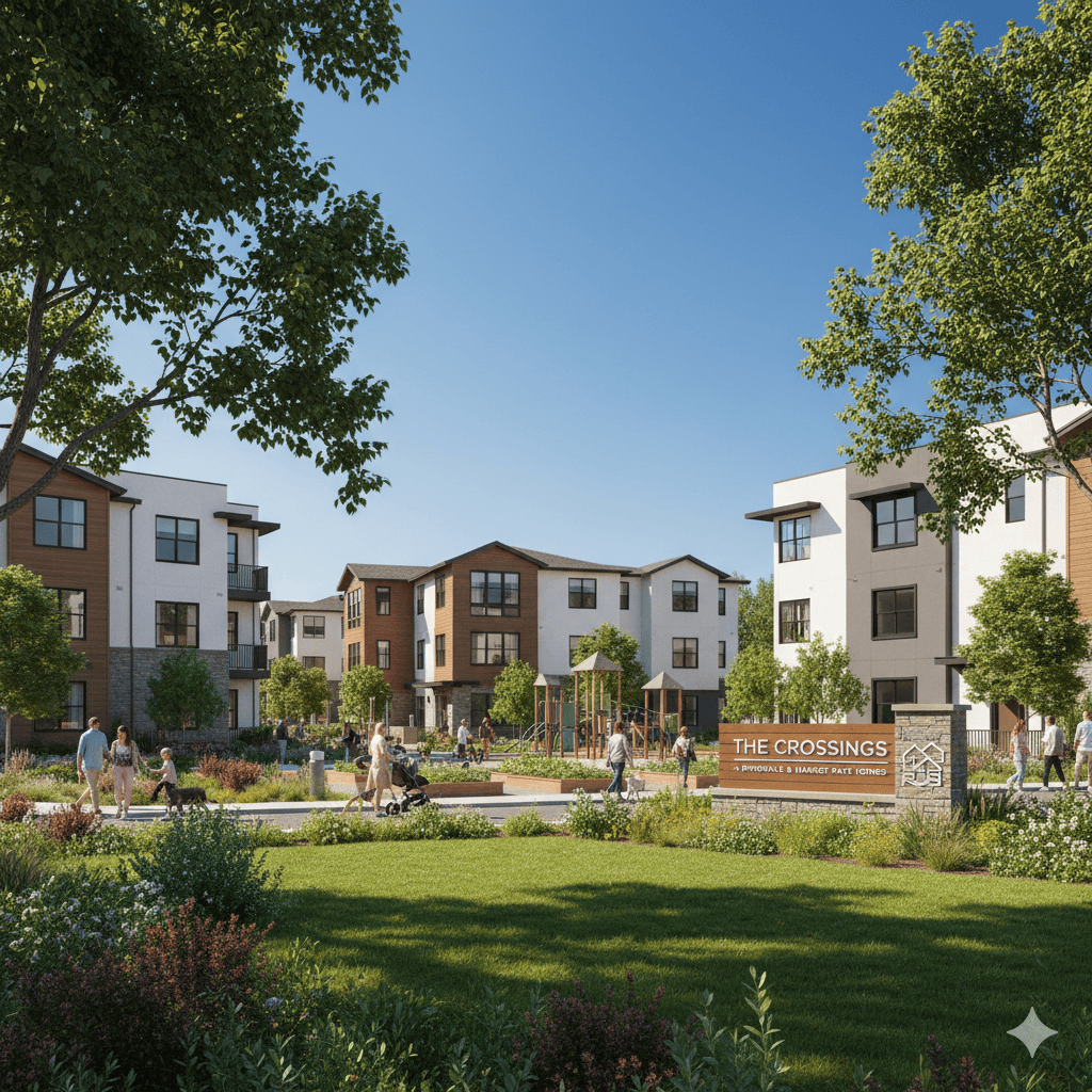 Modern apartment community in Walnut Creek with green landscaping and outdoor amenities.