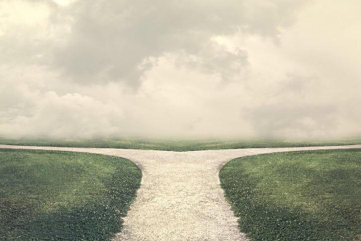 Fork in a path representing the strategic choice nonprofit boards face between promoting internal candidates or hiring external leadership