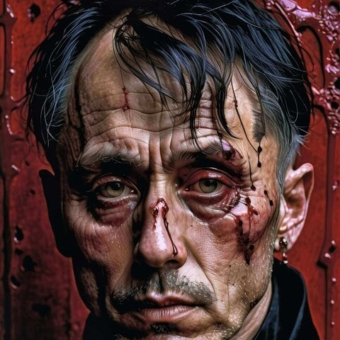 Close-up portrait of a battered man with blood.