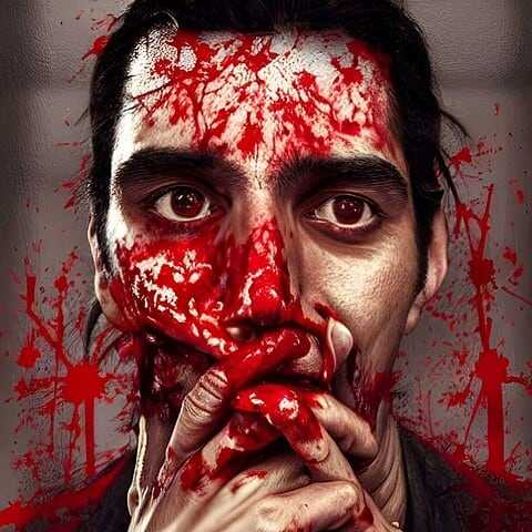 Person with red paint on face, distressed expression.