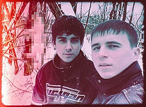 Two young men in a dark, eerie forest with a pixelated object in the background, reflecting human darkness and unsettling themes.