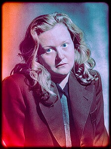 Eerie portrait with intense blue eyes and vintage style, capturing the dark depths of human nature.