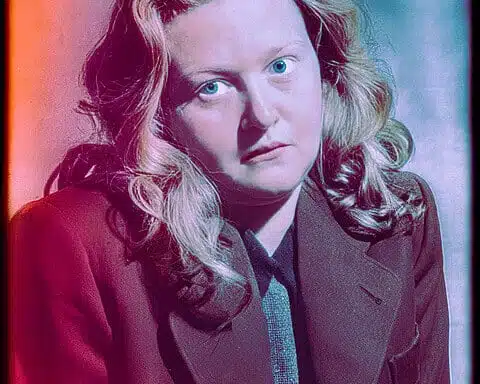 Eerie portrait with intense blue eyes and vintage style, capturing the dark depths of human nature.