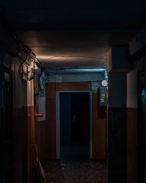 dark corridor entwined with doors to apartments