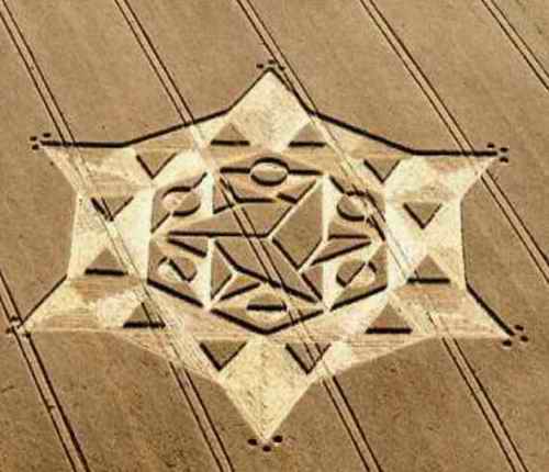 Intricate crop circle with geometric symbols in a field.