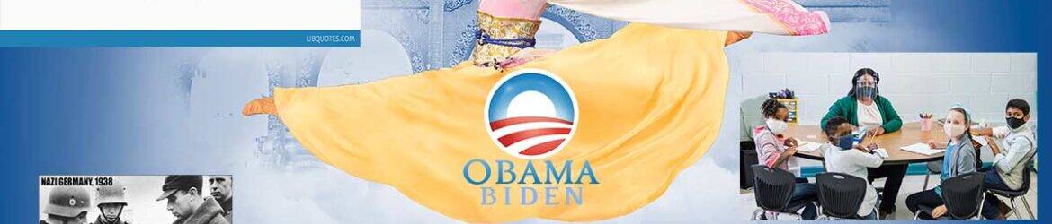 Dancer performing in traditional attire with Obama Biden campaign logo in the background.