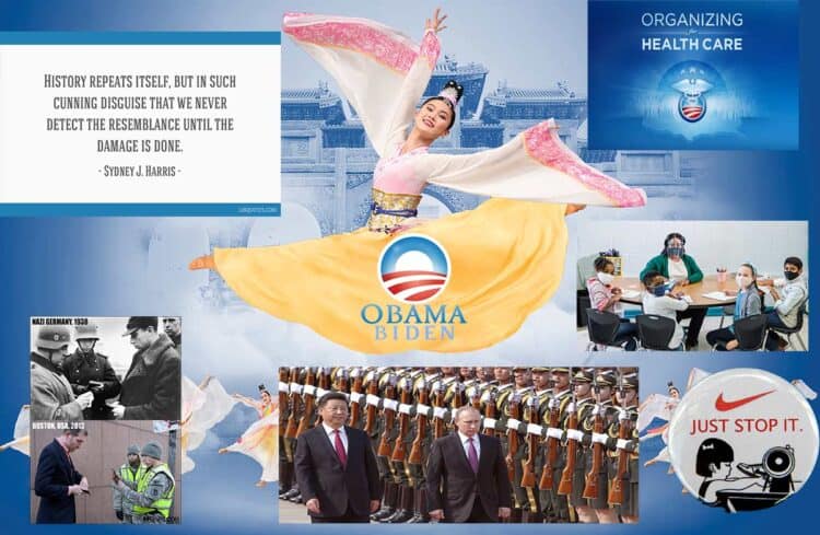 Dancer performing in traditional attire with Obama Biden campaign logo in the background.