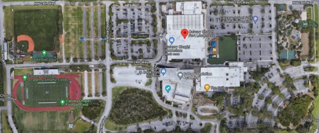 Community sports and recreation facilities at The Divine Plan campus in a satellite view.