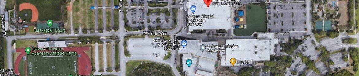 Community sports and recreation facilities at The Divine Plan campus in a satellite view.