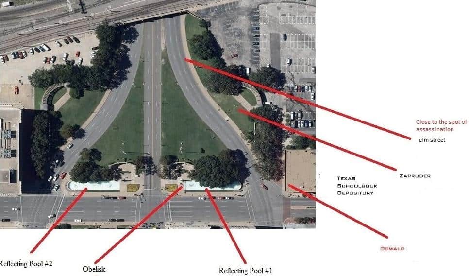 Aerial view of reflecting pools, obelisk, and Texas Schoolbook Depository in Zilker Park, Austin.