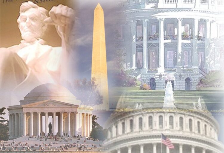 Statue of Abraham Lincoln with Washington Monument and Capitol Building in Washington, D.C.