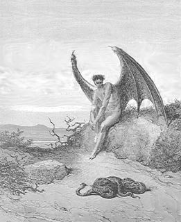 Dark angel with bat wings standing over a coiled snake in a surreal, mystical landscape scene.