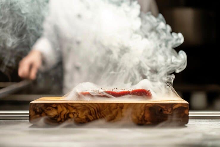 Sizzling steak on wooden board with smoke at The Flames Galore Restaurant.