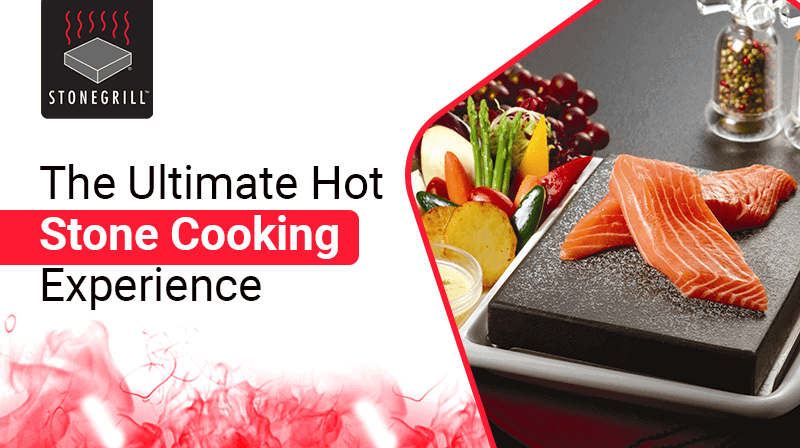 Salmon fillets on steak stone with vegetables and herbs, restaurant stone grilling, The Flames Galore.