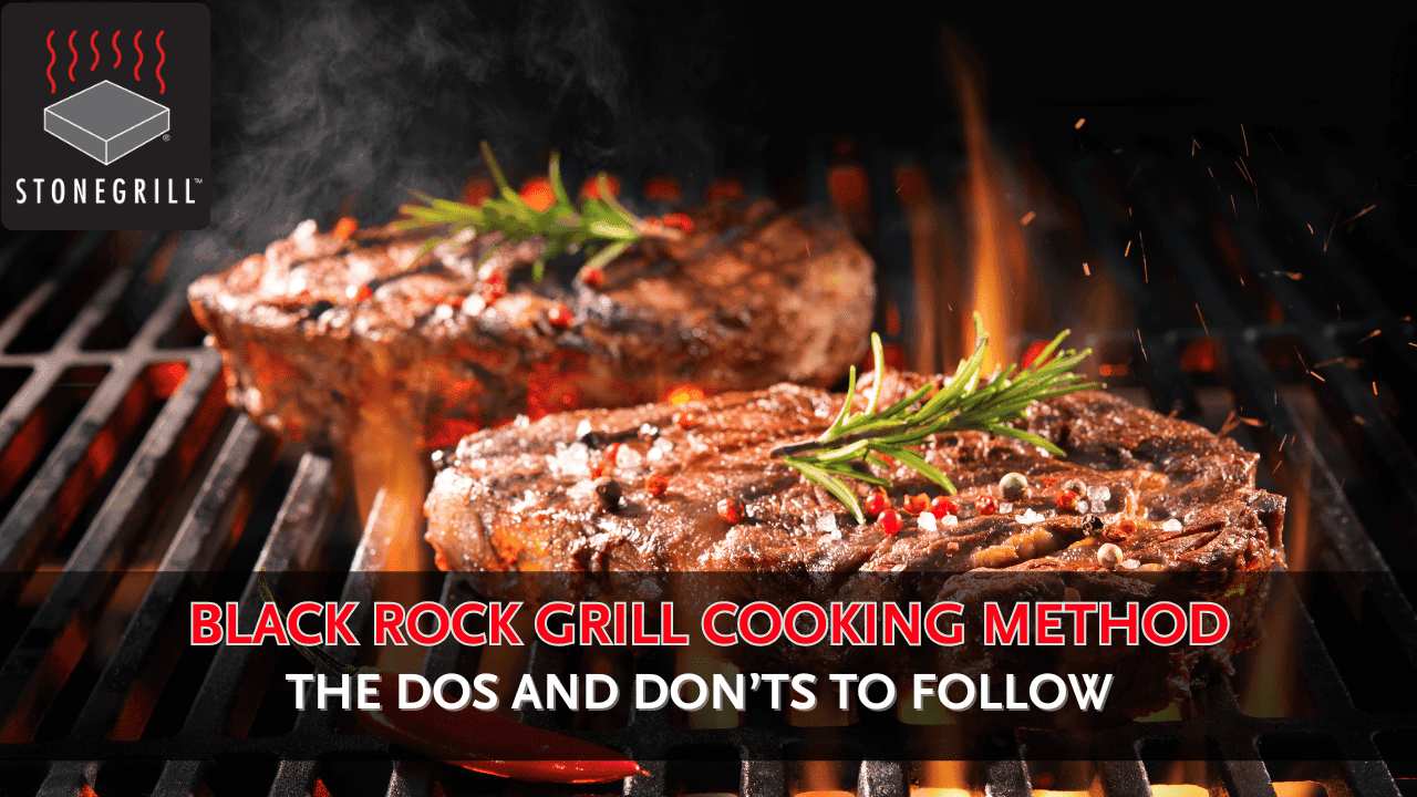 Juicy steaks grilling on a Black Rock grill with herbs and peppercorns, showcasing the Black Rock Grill cooking method.