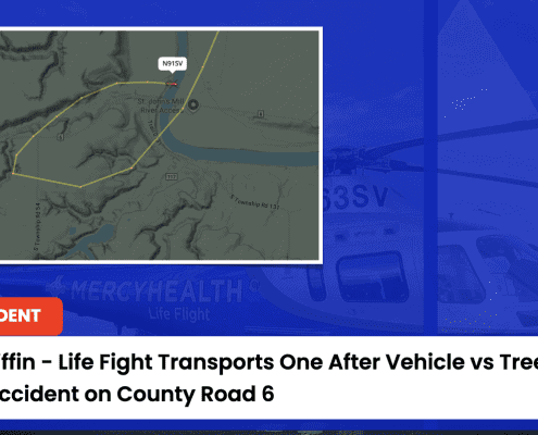 Accident involving vehicle and tree on County Road 6 in Tiffin.