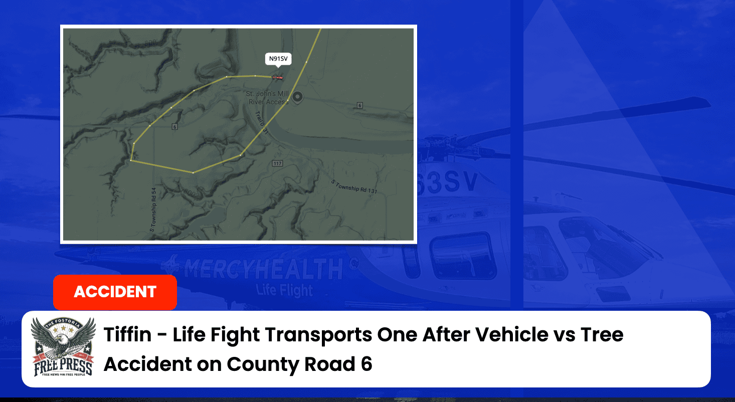 Accident involving vehicle and tree on County Road 6 in Tiffin.