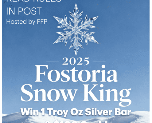 Snowflake with winter background, promoting community snow king event.