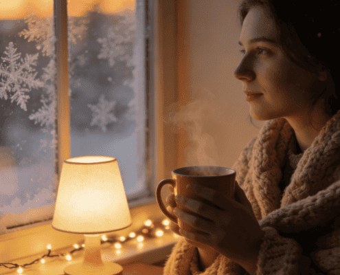 Woman with mug, cozy blanket, frosted window with snowflake designs, soft indoor lighting, holiday ambiance.