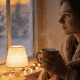 Woman with mug, cozy blanket, frosted window with snowflake designs, soft indoor lighting, holiday ambiance.