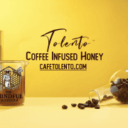 Alt text: Coffee beans, honey, and beekeeping illustration promoting Cafelento's coffee-infused honey.