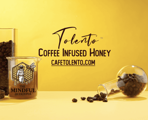 Alt text: Coffee beans, honey, and beekeeping illustration promoting Cafelento's coffee-infused honey.