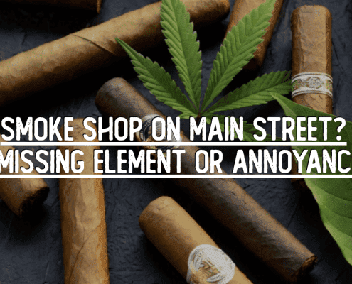 High-quality image of cigars and a cannabis leaf with text discussing local smoke shops.