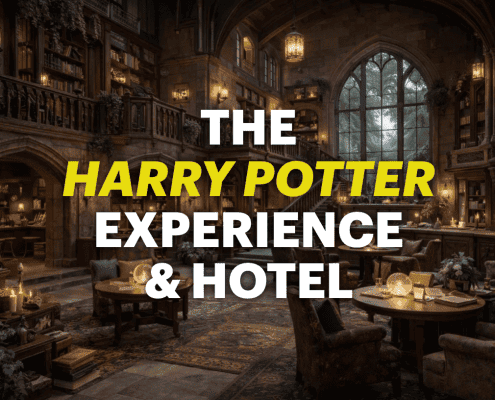 Gorgeous hotel library inspired by Harry Potter with tall bookshelves, cozy seating, and magical ambiance.