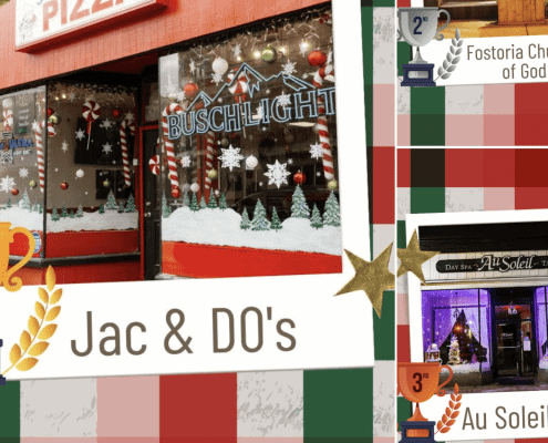 Colorful holiday window display with Christmas decor and festive lighting.