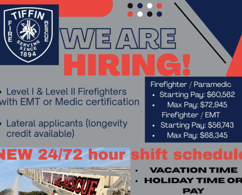 Firefighter and paramedic recruitment ad for Tiffin Fire Rescue, Ohio.