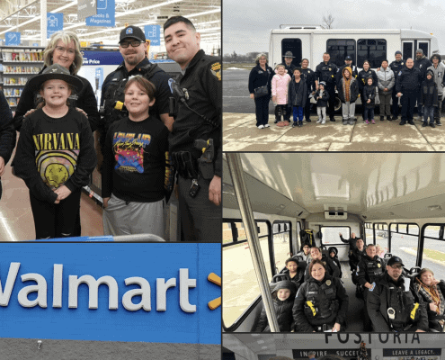 Children and police officers outside a police vehicle and inside a police bus.