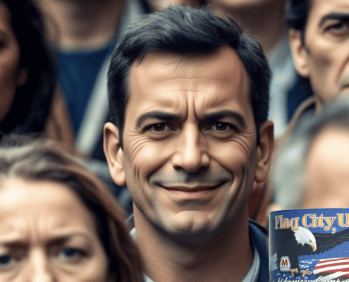 A diverse group of Americans at a parade with a "Flag City USA" sign, showcasing local pride and community spirit.