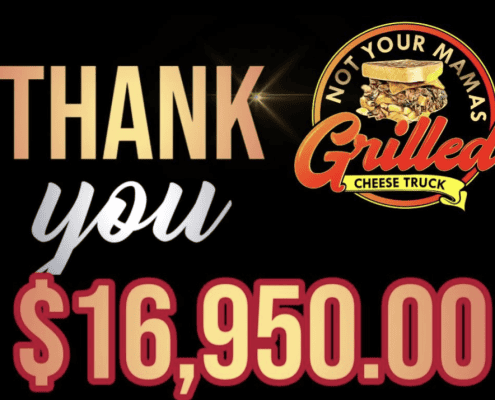 Alt text: Grilled cheese truck logo with a thank you message for $16,950 donation.