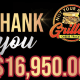 Alt text: Grilled cheese truck logo with a thank you message for $16,950 donation.