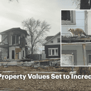 Damaged house after fire in Fostoria with a raccoon on the roof, property value increase news.