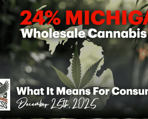 High-quality image of cannabis and map of Michigan with headlines about cannabis tax.